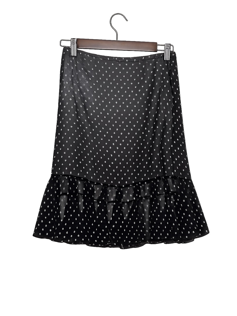 LOFT Black Swiss Dot Ruffle Midi Skirt | Sheer Overlay Romantic Date Night Skirt - Picture 2 of 8